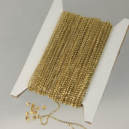 raw Brass Ball Chain Bulk, 100 ft. spool of FACET micro ball chain - 1.2mm ball w/ FREE 100 connectors (crimp) - 12DC