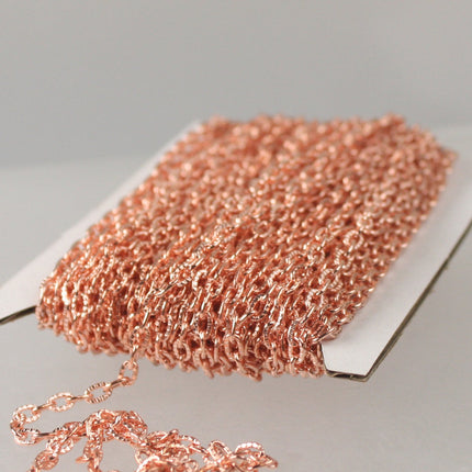 ANTI-TARNISH Copper Plated Textured Cable Flat Chain 3/12/32/50/100 feet - Shinny Copper Color - 4X3mm unsoldered link bulk chain - AT43TEX