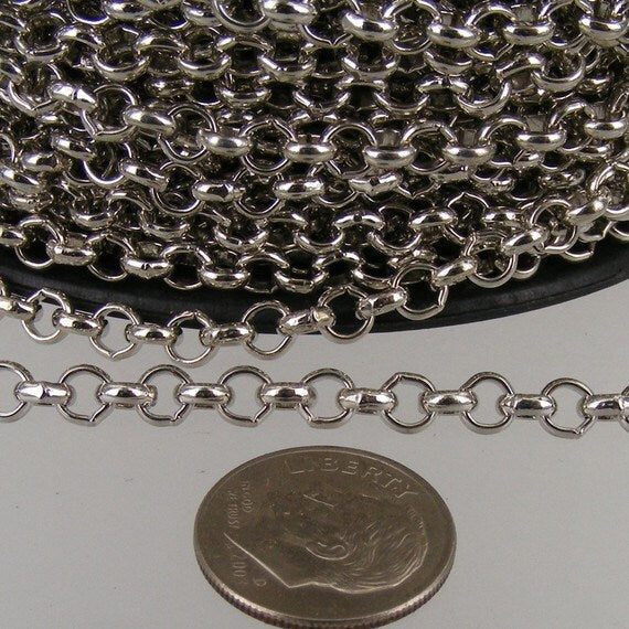 Rhodium Plated Rolo Chain bulk, 32 ft of Antique Silver Rolo Cable Chain 4.7mm - Unsoldered Links - - 47ROLO