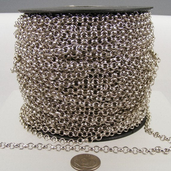 Rhodium Plated Rolo Chain bulk, 100 ft of Antique Silver Rolo Cable Chain 4.7mm - Unsoldered Links - - 47ROLO