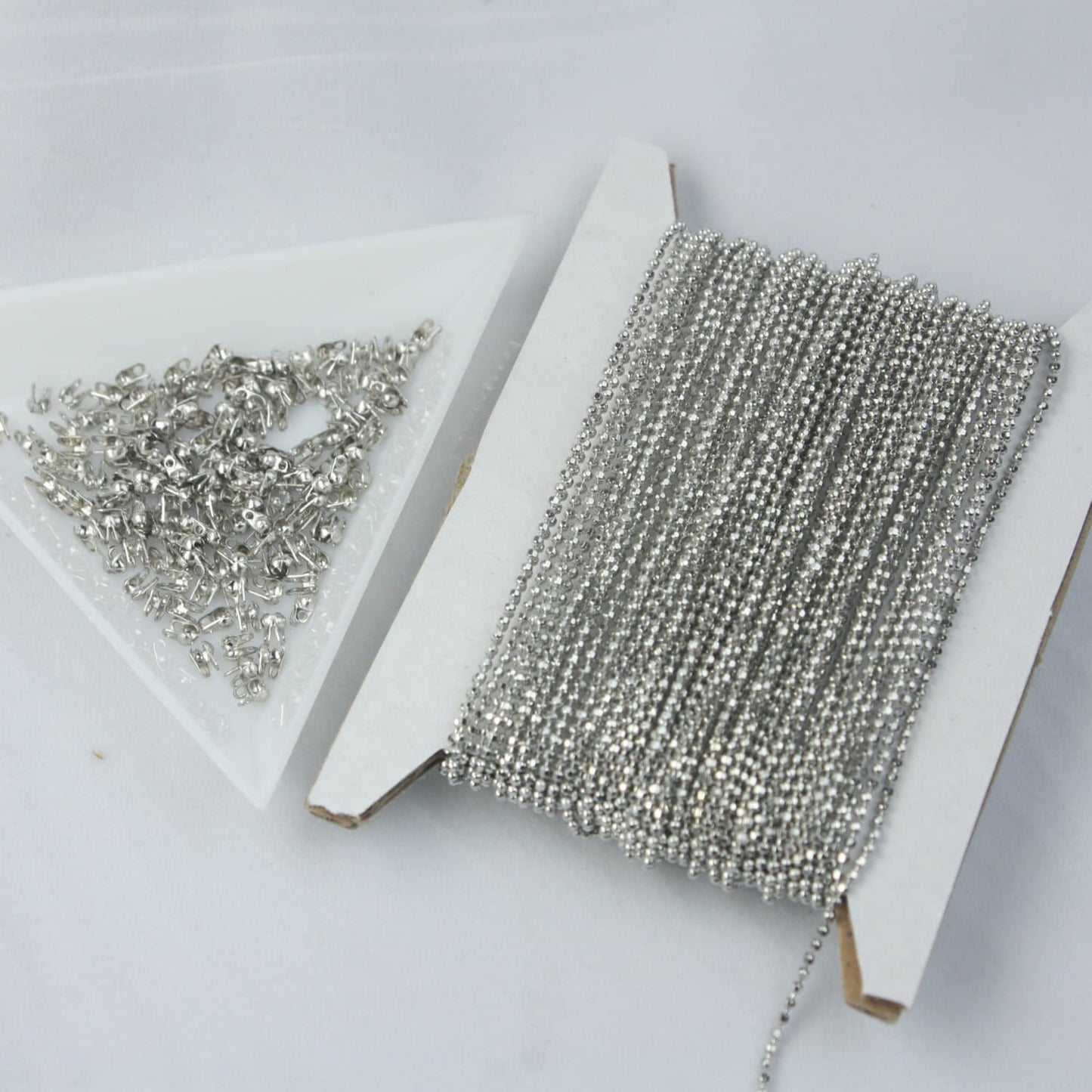 Rhodium Plated Ball Chain Bulk, 32 ft. spool of FACET micro Antique Silver ball chain - 1.2mm ball w/ FREE 10 connectors (Crimp) - 12DC