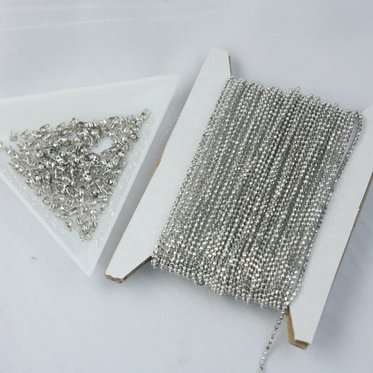 Rhodium Plated Ball Chain Bulk, 32 ft. spool of FACET micro Antique Silver ball chain - 1.2mm ball w/ FREE 10 connectors (Crimp) - 12DC