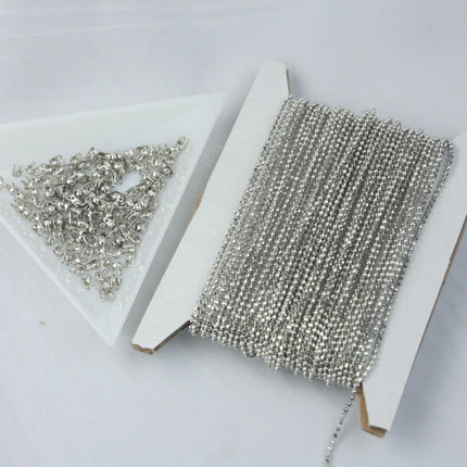 Rhodium Plated Ball Chain Bulk, 100 ft. spool of FACET micro ball chain - 1.2mm ball w/ FREE 100 connectors (Crimp) - 12DC
