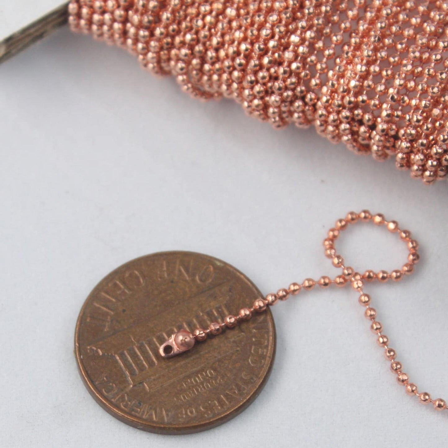 Copper Ball Chain Bulk, 32 ft. spool of FACET micro ball chain - 1.2mm ball w/ FREE 10 connectors (Crimp) - 12DC