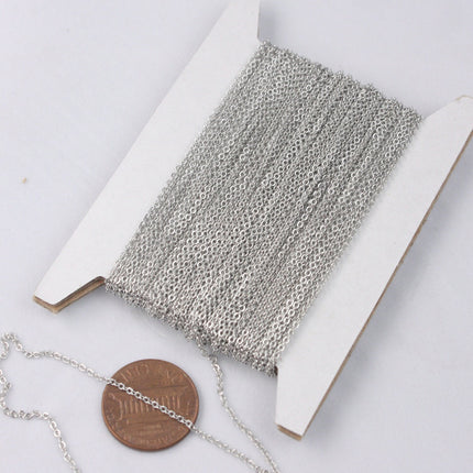 Rhodium Plated Chain  , 32 ft of Tiny Flat Soldered Dainty Delicate Cable Chain - 2mm 2x1.4mm - Free Adequate Jumpring 50pcs - C214F