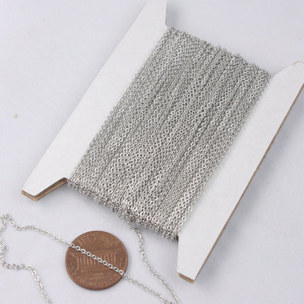 Rhodium Plated  Bulk Chain, 32 ft of Tiny Flat Soldered Dainty Delicate Cable Chain - 2mm 2x1.4mm - Free Adequate Jumpring 50pcs - C214F