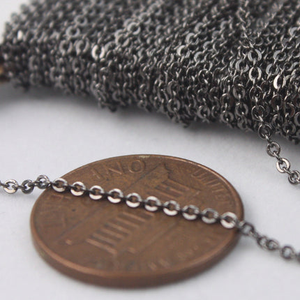 Gunmetal Bulk Chain, 100 ft of Tiny Flat Soldered Dainty Delicate Cable Chain - 2mm 2x1.4mm - Free Adequate Jumpring 200pcs - C214F