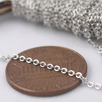 Rhodium Plated  Bulk Chain, 32 ft of Tiny Flat Soldered Dainty Delicate Cable Chain - 2mm 2x1.4mm - Free Adequate Jumpring 50pcs - C214F