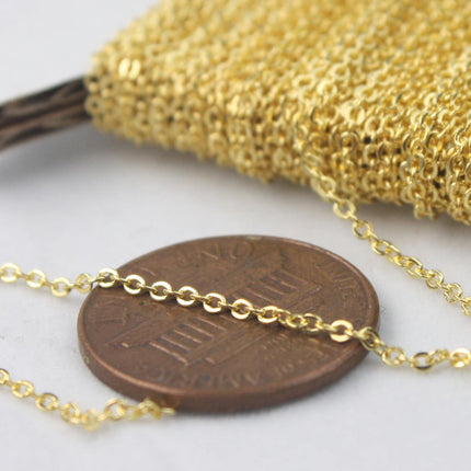 Gold Plated Chain  , 32 ft of Tiny Flat Soldered Necklace Wholesale Cable Chain - 2mm 2x1.4mm - Free Adequate Jumpring 50pcs - C214F