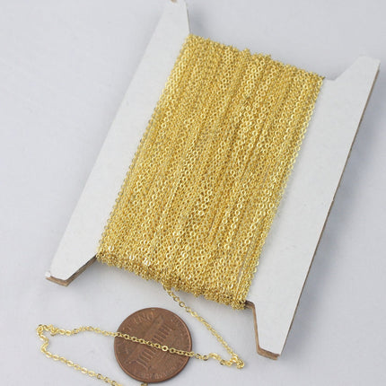 Gold Plated Chain Bulk Chain, 10 ft of Tiny Flat Soldered Dainty Delicate Cable Chain - 2mm 2x1.4mm - Free Adequate Jumpring 10pcs - C214F