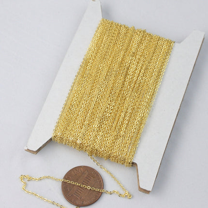 Gold Plated Bulk Chain, 300 ft of Tiny Flat Soldered Necklace Cable Chain - 2mm 2x1.4mm - Free Adequate Jumpring 200pcs - C214F