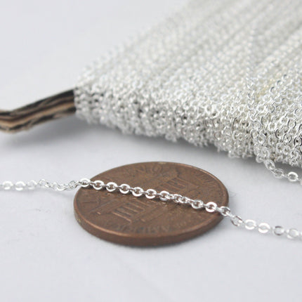 Sterling Silver Plated Bulk Chain, 32 ft of Tiny Flat Soldered Wholesale Cable Chain - 2mm 2x1.4mm - Free Adequate Jumpring 50pcs - 214F
