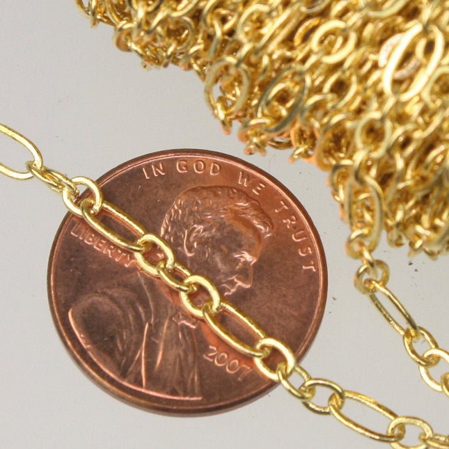 Gold Plated Bulk, 32 ft of ( 3 and 1 ) Long and Short Chain Flat Cable Chain Necklace Chain 6.3 N 4mm - SOLDERED 3429LS31