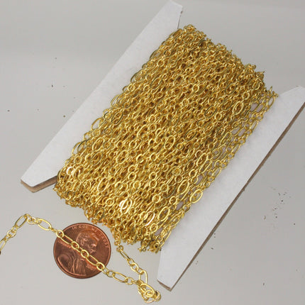 32 feet Gold Plated Bulk -  6.3 N 4mm SOLDERED Link - ( 3 and 1 ) Long and Short Chain Flat Cable Chain SOLDERED 3429LS31