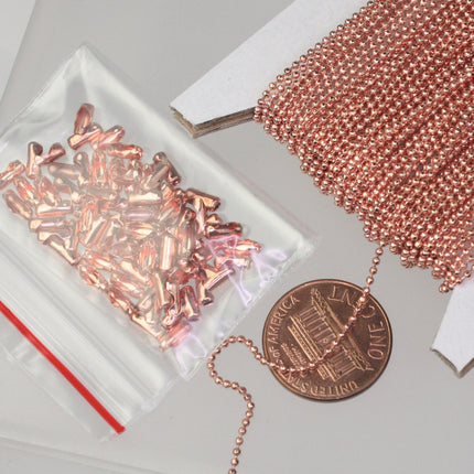 Copper Ball Chain Bulk, 100 ft. spool of FACET micro ball chain - 1.2mm ball w/ FREE 100 connectors (Insert) - 12DC