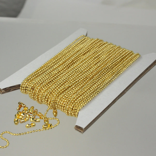 Gold Plated Ball Chain Bulk, 100 ft. spool of FACET micro ball chain - 1.2mm ball w/ FREE 100 connectors (Insert) - 12DC