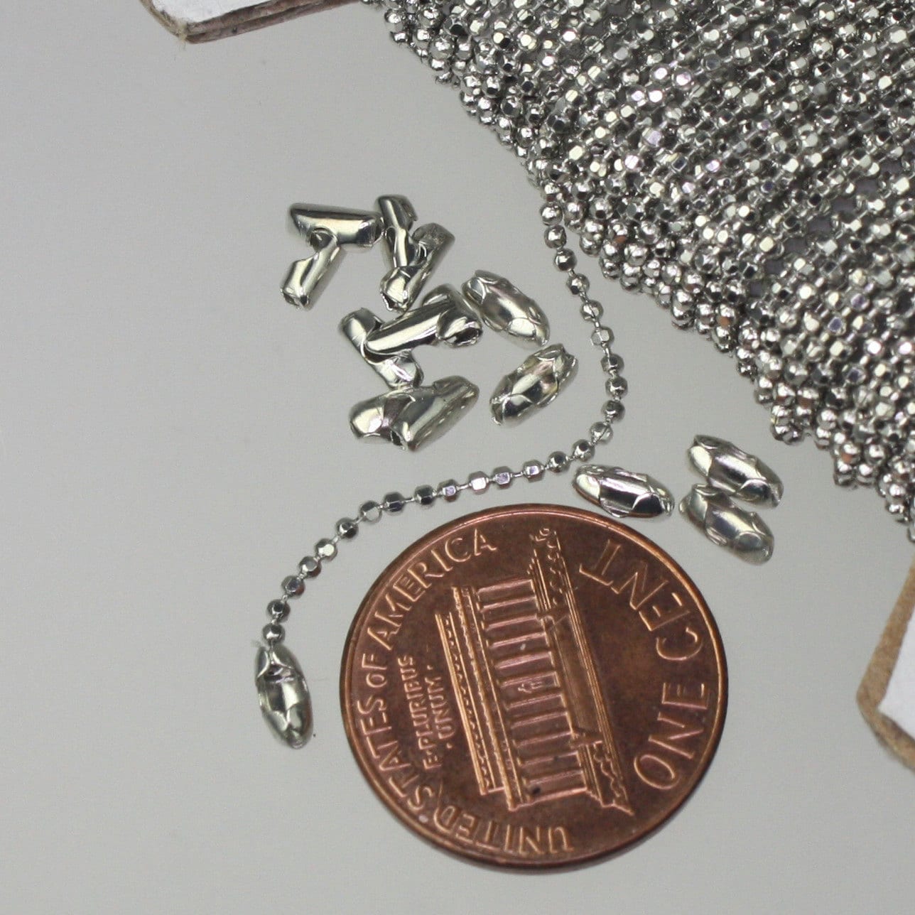 Rhodium Plated Ball Chain Bulk, 10 ft. spool of FACET micro  ball chain - 1.2mm ball w/ FREE 10 connectors (Insert) - 12DC