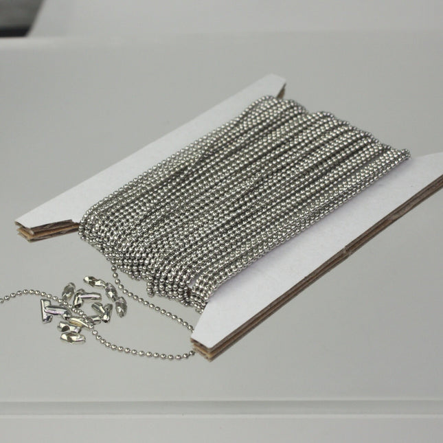 Rhodium Plated Chain 10 feet Antique Silver Ball ROUND micro ball chain - 1.2mm ball size w/ FREE 10 connectors (Crimp) - 12BALL