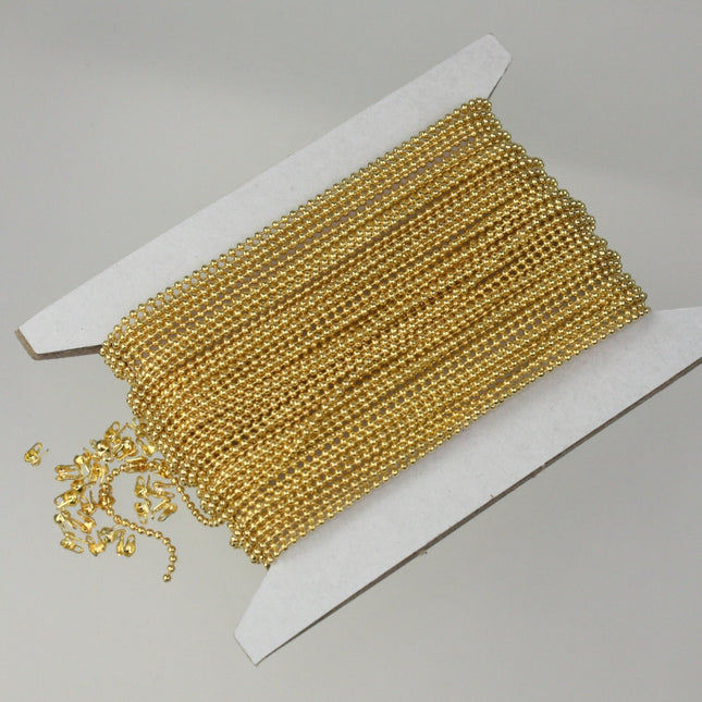 Gold Plated Chain 32 feet Ball ROUND micro ball chain - 1.2mm ball size w/ FREE 10 connectors (Crimp) - 12BALL
