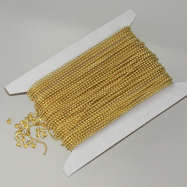 Gold Plated Chain 10 feet Ball ROUND micro ball chain - 1.2mm ball size w/ FREE 10 connectors (Crimp) - 12BALL