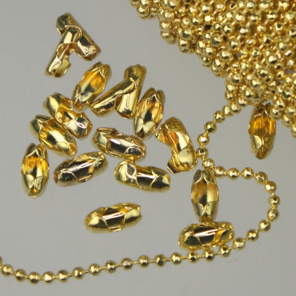 Gold Plated Ball Chain Bulk, 10 ft. spool of FACET micro ball chain - 1.2mm ball w/ FREE 10 connectors (Insert) - 12DC