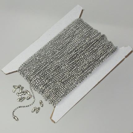 Rhodium Plated Ball Chain Bulk, 32 ft. spool of FACET micro ball chain - 1.2mm ball w/ FREE 10 connectors (Insert) - 12DC
