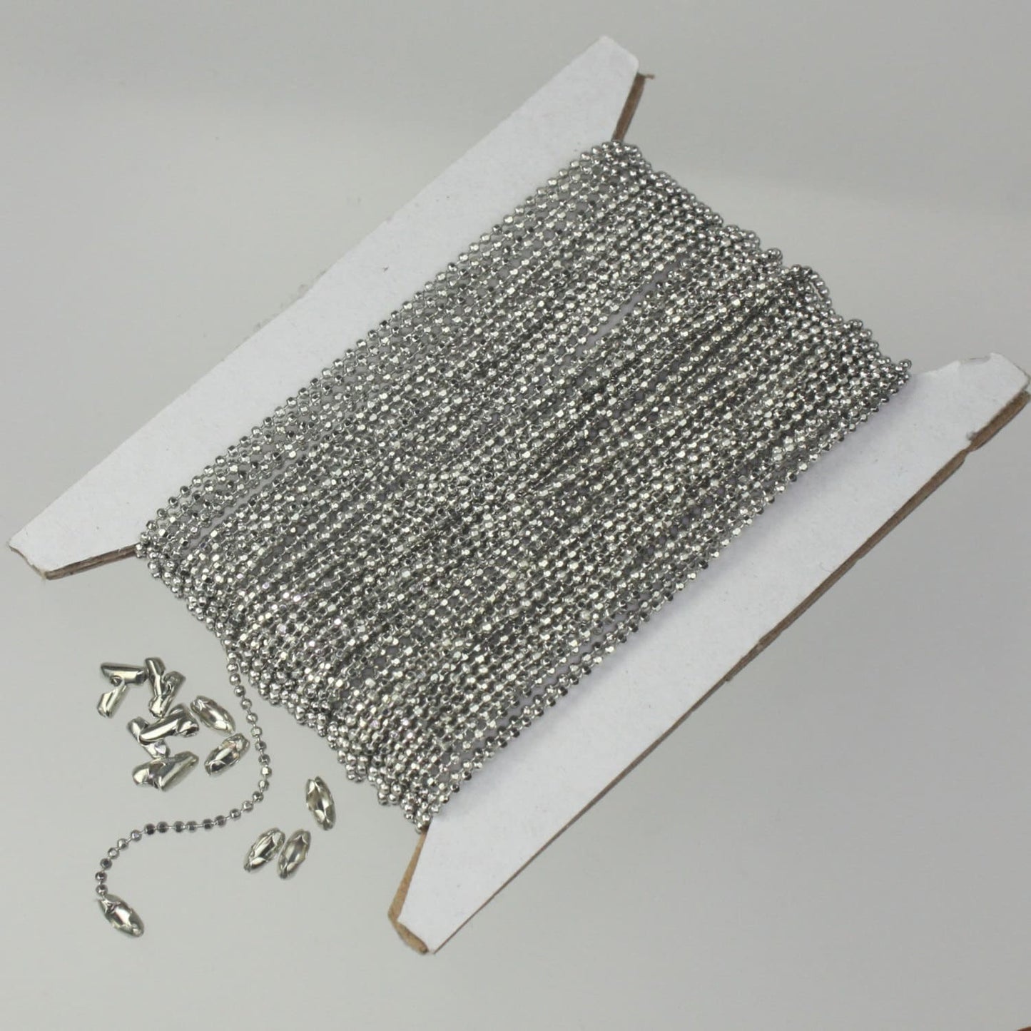 Rhodium Plated Ball Chain Bulk, 10 ft. spool of FACET micro  ball chain - 1.2mm ball w/ FREE 10 connectors (Insert) - 12DC