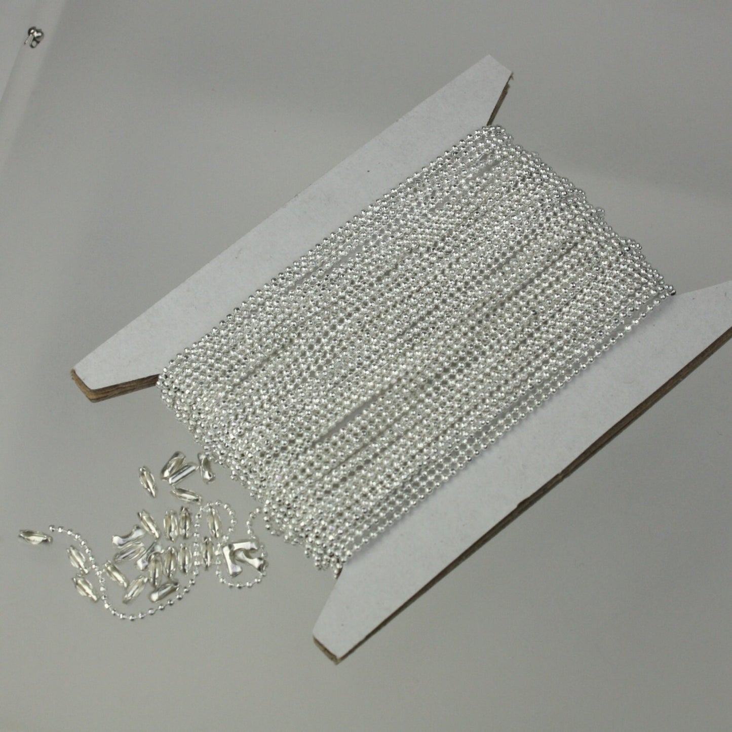 Sterling Silver Plated Ball Chain Bulk, 100 ft. spool of FACET micro ball chain - 1.2mm ball w/ FREE 100 connectors (Insert) - 12DC