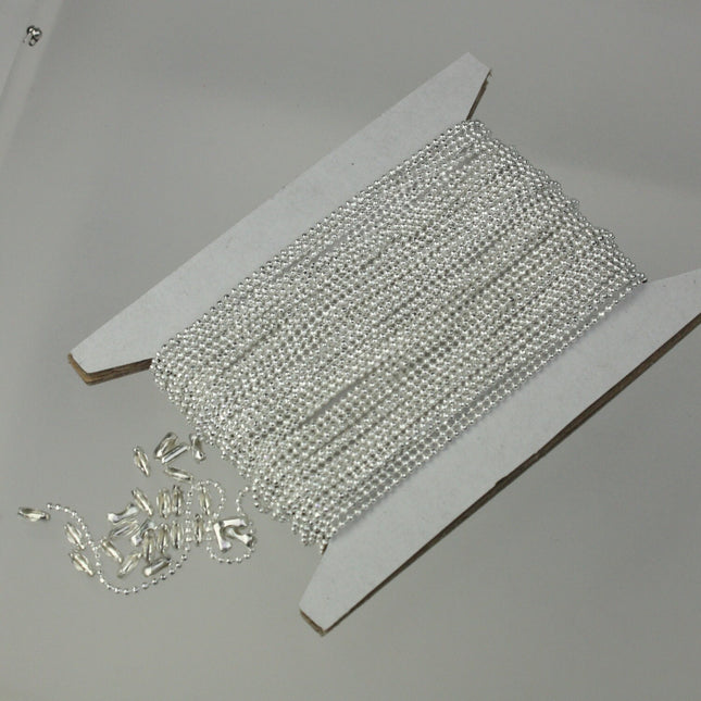 Sterling Silver Plated Ball Chain Bulk, 100 ft. spool of FACET micro ball chain - 1.2mm ball w/ FREE 100 connectors (Insert) - 12DC