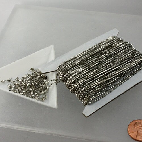 12 ft. spool of Rhodium Plated ROUND ball chain - 1.5mm ball size with 10 pcs of Connectors (crimp) - 15BALL