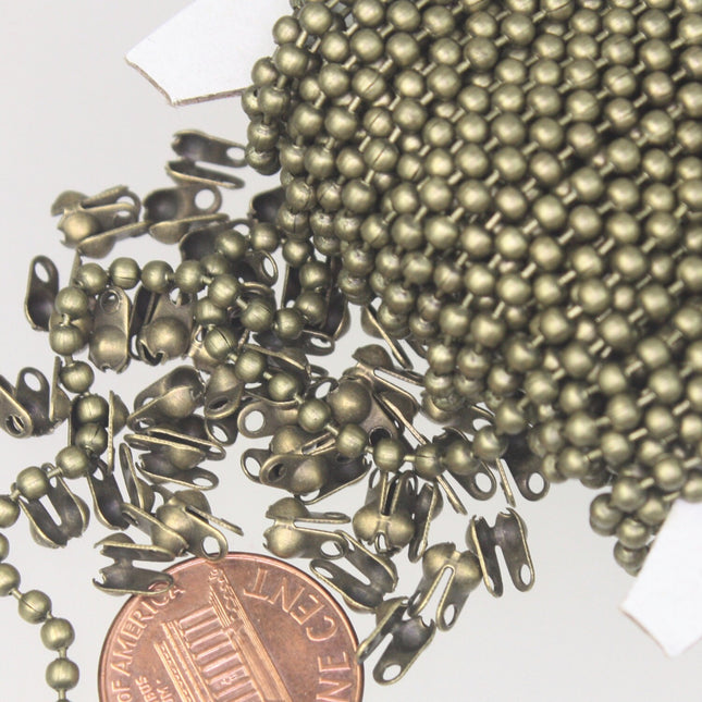 Antique Brass Chain, 100 ft.  Antique Brass ROUND ball chain - 2.4mm ball size - with FREE 100pcs Connectors (Crimp) - 24BALL