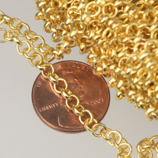 Gold Plated Rolo Chain bulk, 12 ft spool of ROLO cable chain - 3.8mm Unsoldered Links - Necklace Wholesale Bulk - 38ROLO