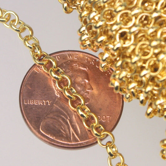 Gold Plated Rolo Chain bulk, 32 ft spool of ROLO cable chain - 3.2mm Unsoldered Links -  Bulk Jewerly Chain - 3.2ROLO