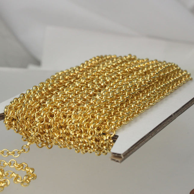 Gold Plated Rolo Chain bulk, 12 ft spool of ROLO cable chain - 3.8mm Unsoldered Links - Necklace Wholesale Bulk - 38ROLO