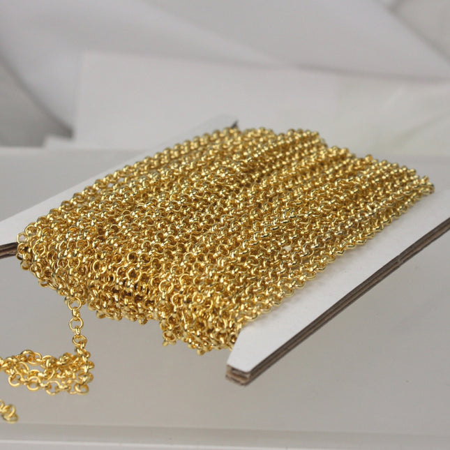 Gold Plated Rolo Chain bulk, 32 ft spool of ROLO cable chain - 3.2mm Unsoldered Links -  Bulk Jewerly Chain - 3.2ROLO