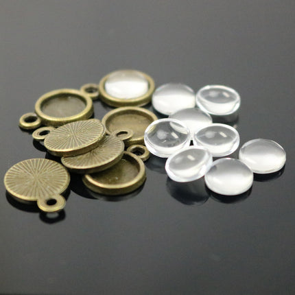Pendant BEZELS with GLASS Magnifying Domes Cabochon - 5 sets 10 pcs  - 8mm 5/16 inch Antique Brass Bezel and Circle Domed Glass Cabochon