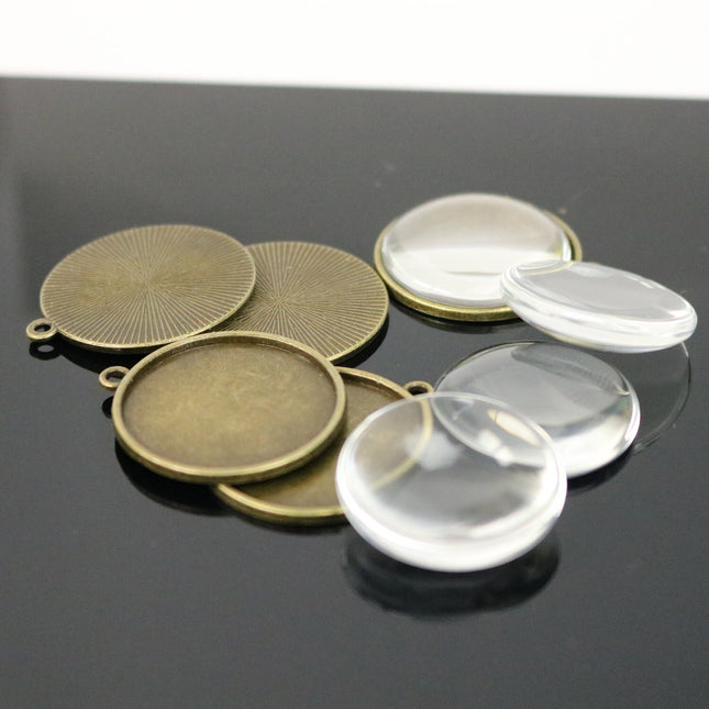 Pendant BEZELS Link with GLASS Magnifying Domes Cabochon - 5 sets 10 pcs  - 25mm 1 inch Antique Brass Bezel and Circle Glass Cabochon