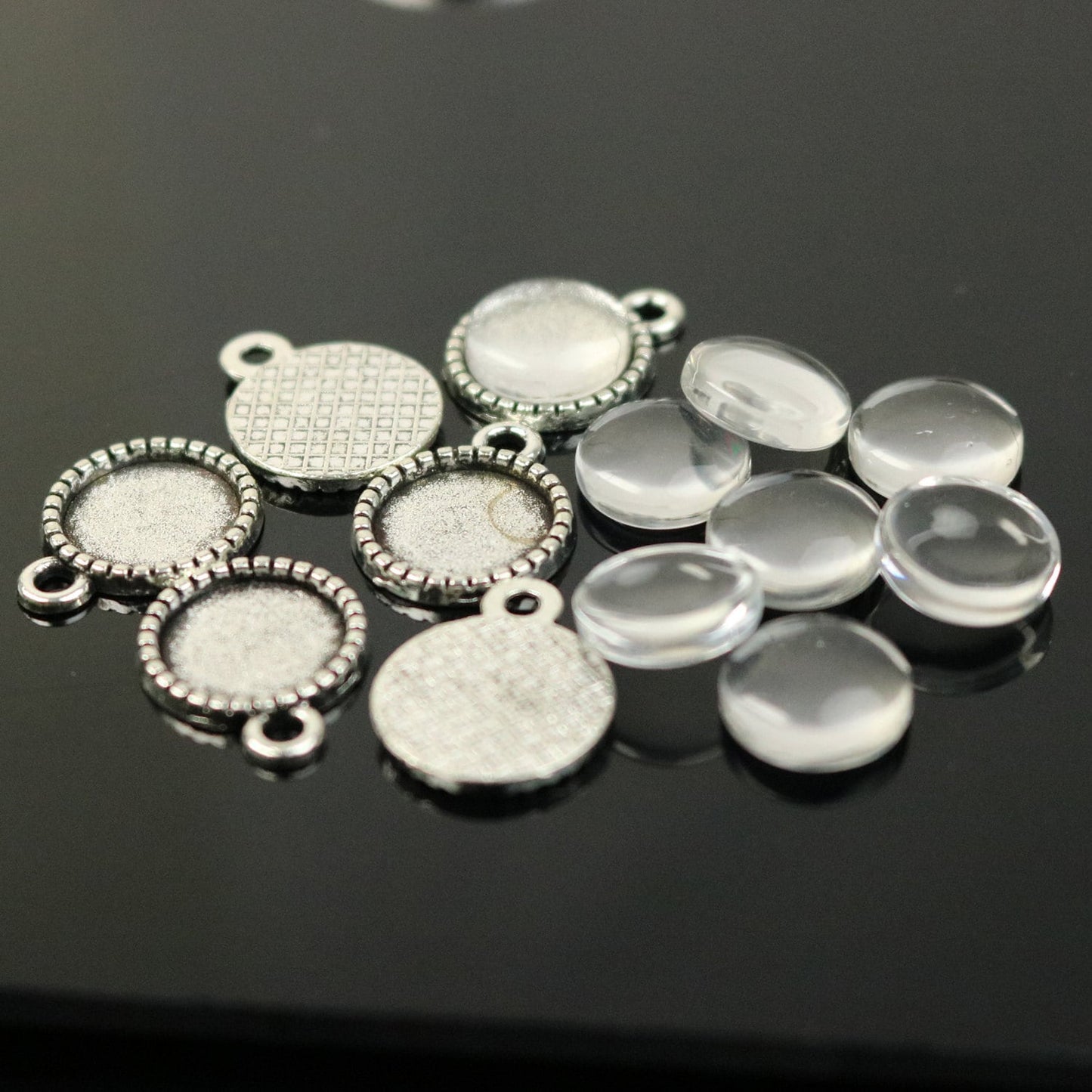 Pendant BEZELS with GLASS Magnifying Domes Cabochon - 5 sets 10 pcs  - 10mm 3/8 inch Antique Silver  Bezel and Circle Domed Glass Cabochon