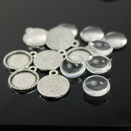 Pendant BEZELS with GLASS Magnifying Domes Cabochon - 5 sets 10 pcs  - 12mm 1/2 inch Antique Silver Bezel and Circle Domed Glass Cabochon