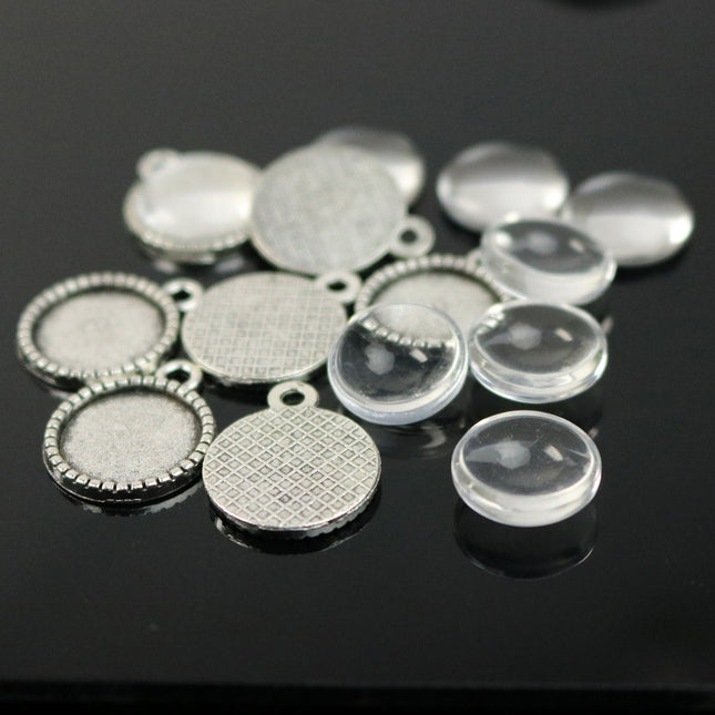 Pendant BEZELS with GLASS Magnifying Domes Cabochon - 5 sets 10 pcs  - 12mm 1/2 inch Antique Silver Bezel and Circle Domed Glass Cabochon