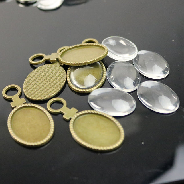 Pendant BEZELS with GLASS Magnifying OVAL Domes Cabochon - 5 sets 10 pcs  - 18x25mm 3/4x1 inch Antique Brass Bezel and Oval Glass Cabochon