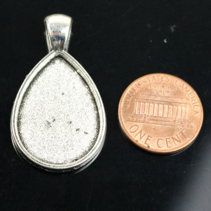 Pendant BEZELS with GLASS Magnifying Tear Drop Domes Cabochon - 5 sets 10 pcs  - 18x25mm 3/4x1 inch Antique Silver Bezel and Glass Cabochon