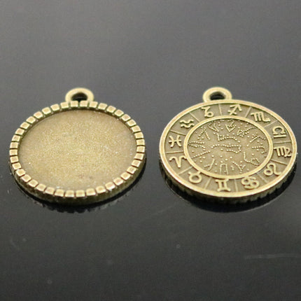 12 Zodiac Sign Pendant BEZELS with GLASS Magnifying Domes Cabochon - 5 sets 10 pcs  - 16mm 5/8 inch Antique Brass Bezel and Circle Domed