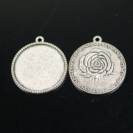 Pendant ROSE Bezels with GLASS Magnifying Domes Cabochon - 5 sets 10 pcs  - 25mm 1(one) inch Antique Silver Bezel and Circle Glass Cabochon