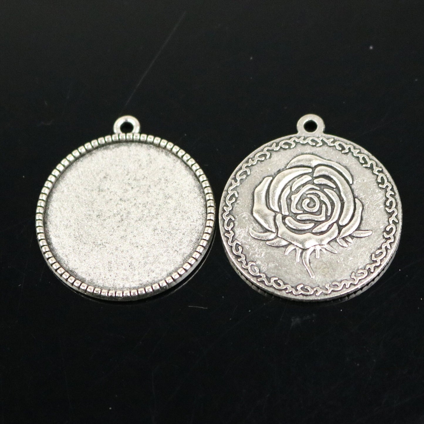 Pendant ROSE Bezels with GLASS Magnifying Domes Cabochon - 5 sets 10 pcs  - 25mm 1(one) inch Antique Silver Bezel and Circle Glass Cabochon