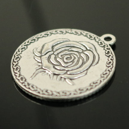 Pendant ROSE Bezels with GLASS Magnifying Domes Cabochon - 5 sets 10 pcs  - 25mm 1(one) inch Antique Silver Bezel and Circle Glass Cabochon