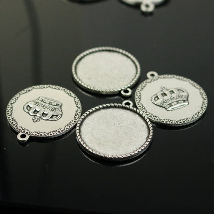 Pendant CROWN Bezels with GLASS Magnifying Domes Cabochon - 5 sets 10 pcs  - 25mm 1(one) inch Antique Silver Bezel and Circle Glass Cabochon