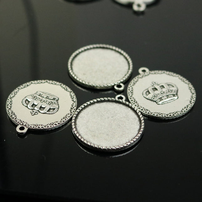 Pendant CROWN Bezels with GLASS Magnifying Domes Cabochon - 5 sets 10 pcs  - 25mm 1(one) inch Antique Silver Bezel and Circle Glass Cabochon